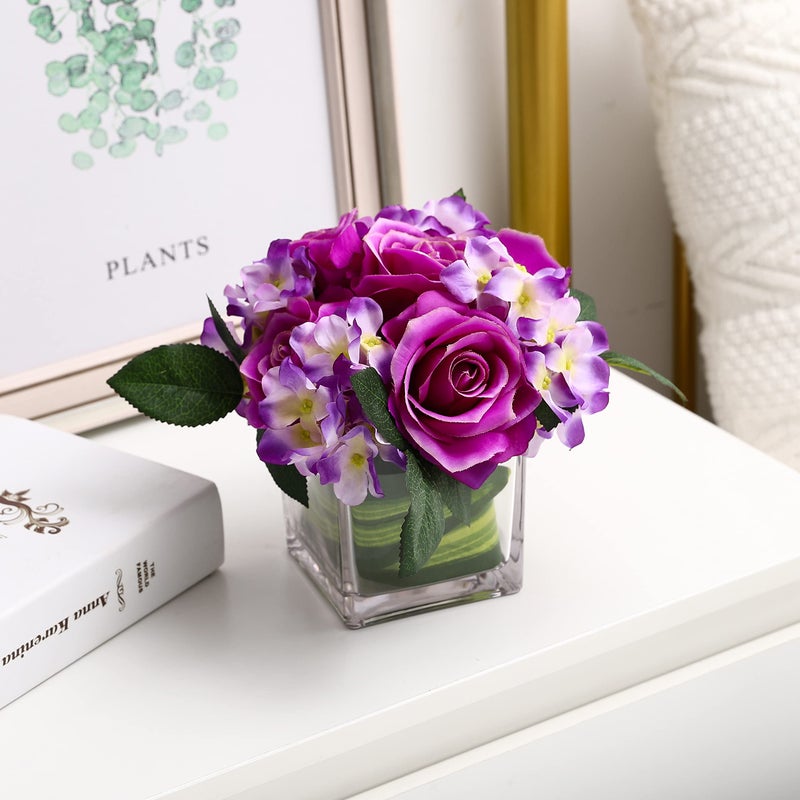 Fule Artificial Silk Rose Flower Centerpiece Arrangement in vase for Home Wedding Decoration (Light Purple) - Image 3
